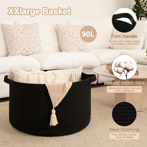 OIAHOMY 90L XXXLarge Blanket Basket for Living Room, 21.7" x 13.8" Woven Cotton Rope Laundry Basket for Organizing Pillows, Decorative Stuffed Animal Toy Storage Bin for Nursery, Black - color: Black, size: 21.7"D x 13.8"H