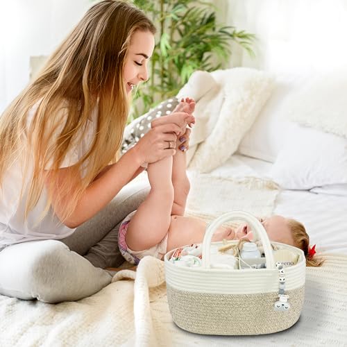 Large Baby Diaper Caddy Organizer for Girl Boy Rope Nursery Storage Bin Basket Portable Holder Tote Bag for Changing Table Car Travel Baby Shower Gifts Newborn Registry Must Haves White and Brown - color: white and brown, size: Large