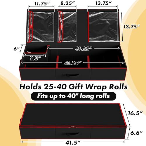 Simple Houseware 41.5" Wrapping Paper Storage Organizer - Fits 40 Rolls with Adjustable Straps, Interior Divider for Ribbons & Bows, 3 Clear Pockets for Gift Bags & Tools, 41.5''L x 16''W, Black - color: Black