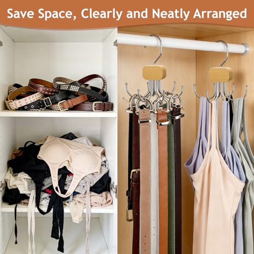 3 Pack Belt Hanger for Closet Organizer, 2026 Upgraded Tie Hangers for Space Saving & Storage, 360° Rotatable & Foldable Hooks, Large Capacity Rack for Tank Top, Bra, Purse (Natural) - color: Natural