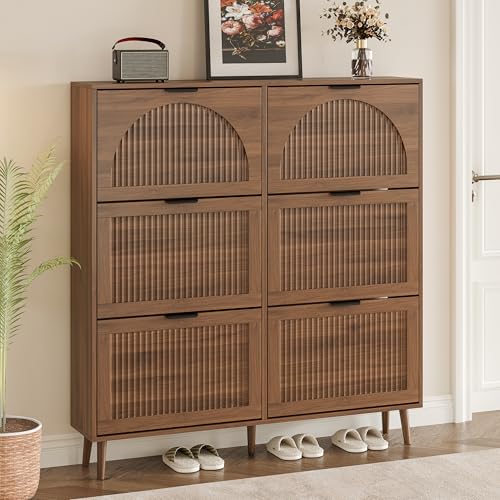 BORNOON Shoe Cabinet for Entryway with 6 Flip Drawers, Slim Wooden Shoe Storage Organizer with Modern Fluted Pannel，Freestanding Narrow Hidden Shoe Rack for Hallway, Foyer, Living Room - color: Walnut, size: 6 Flip Drawers