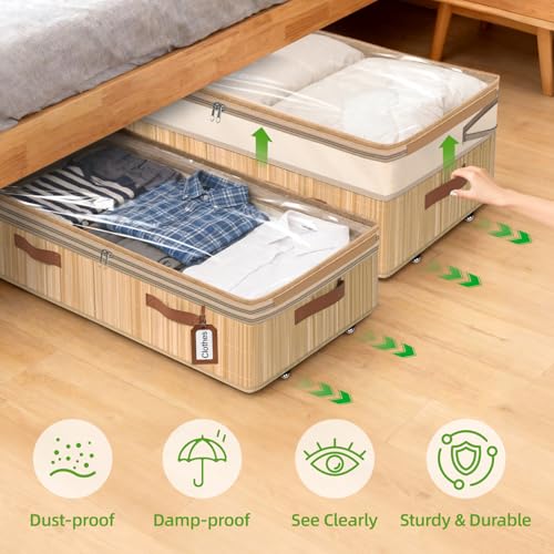 Livole Bamboo Under Bed Storage with Wheels, 6-10 inches Height Adjustable Underbed Storage Containers, 92L XXXL Large Rolling Under Bed Storage Bins for Clothes, Blankets, Sweater, Shoes, 1 Pack - size: Expandable - 10"H - Wheels