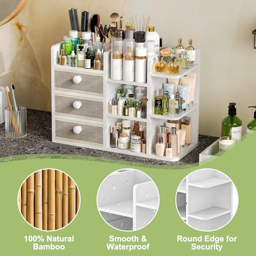 Large Makeup Organizer Countertop With Brush Holder Drawer For Vanity,Bamboo Bathroom Counter Organizers And Storage,Cosmetic Skincare Perfume Organizer,Easy To Store Nail Polish, Lipstick, Eyeshadow - color: White Bamboo