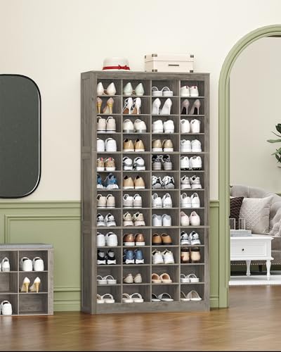 Hzuaneri Shoe Storage Cabinet, 48 Pairs Free Standing Closet Organizer, 9 inch Widened Cell Wood Shoe Organizer, 12 Tiers Vertical Space Saving Shoe Rack for Entryway, Cloakroom, Greige SR39605X - color: Greige, size: 48 Pairs