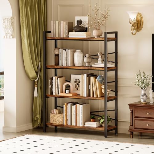 4 Tier Bookshelf 31.49" Width, Tall Book Shelf Storage and Organization, Wooden and Metal Industrial Bookcase, Large Book Shelves for Home Living Room Bedroom Office Storage(Vintage) - color: Vintage, size: 4 Tier - 31.5" W