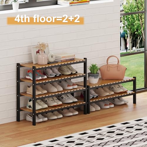 Bamboo Shoe Rack Organizer for Closet and Entryway - Space-Saving Narrow Shoe Stand - Versatile Shoe Holder for Door or Closet Shelf, Garage Bedroom can Freely Stack DIY Small Shoe Racks 2 Tier - color: Black+natural Color, size: 2-Tier