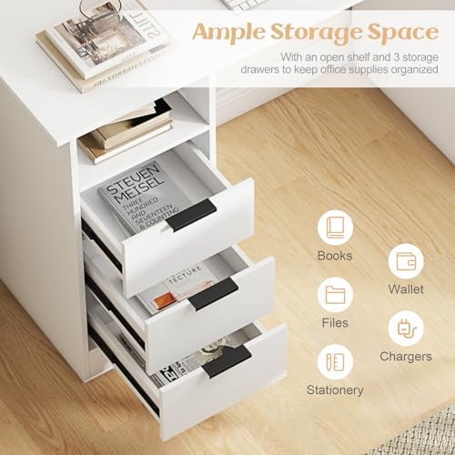 Giantex White Desk with Drawers, Modern Computer Desk with Charging Station, PC Laptop Table Computer Workstation with Storage, Makeup Vanity Table, Writing Desk for Bedroom