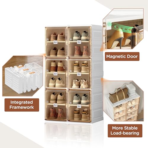 ANTBOX Shoe Organizer Storage Box, Portable Folding Shoe Rack For Closet With Magnetic Clear Door,Large Sneaker Cabinet Bins Sturdy Easy Assembly 6 Layers-12 Grids - size: 6 Layers-12 Grids