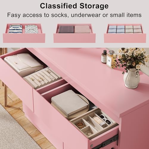 Jocoevol Modern Pink 6 Drawer Dresser - Simply Chest of Drawers for Bedroom, Closet, Living Room, Hallway, Entryway, Wood Storage Double Dresser with Smooth Metal Rails - Pink - color: Pink