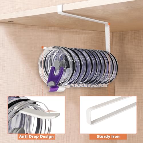2 Pack Tumbler Lid Organizer, Horizontal Tumbler Lid Storage Hook to Hold Up 20 Lids, Space Saving Cup Lid Holders Under Cabinet Tumbler Lid Hook for Kitchen Organizer, Paper Towel Rack Hanger (White) - color: White, size: 2 Pack