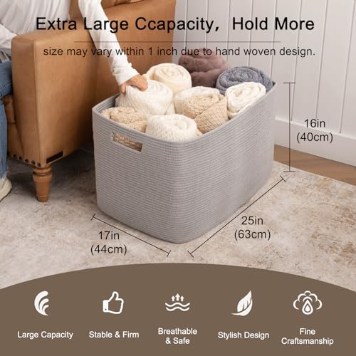 OIAHOMY 118L XXXLarge Cotton Rope Storage Basket, Oversized Blanket Basket, Used for Organizing Dirty Clothes in Living Room, Bedroom, Nursery, Dog Toy Storage Bins, 25" x 17" x 16",Grey - color: Grey