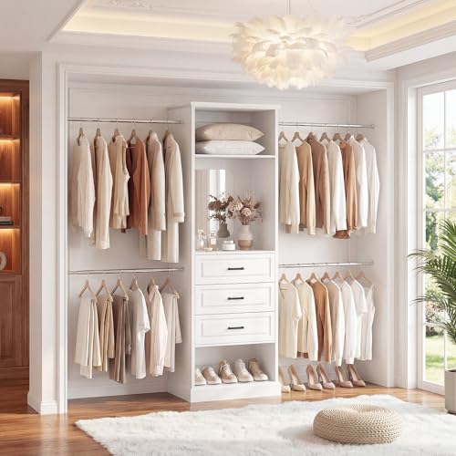 Unikito Closet System, 4FT - 9FT Closet Organizer with Mirror, Luxury Walk in Closet Insert with Drawers and 4 Hanging Rods, Sturdy Wood Wardrobe Closet Garment Rack with 25” Tower, White - color: White