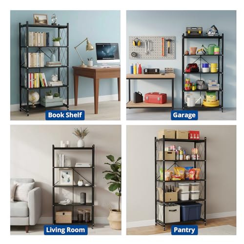 5 Tier Foldable Storage Shelf with Wheels, Heavy-Duty Metal Shelving Unit, No Assembly Book Shelf Rolling Storage Rack for Garage, Kitchen, Pantry, Closet, Exhibition, Office Decor, Black - size: 5-Tier