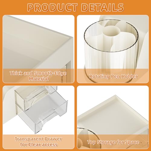 Marbrasse Desk Organizer with 2 Drawer, 360°Rotating Pen Holder, Desk Organizers and Accessories with 6 Slots Pencil Organizer + 2 Drawer, Art Supply Storage Box Caddy for Office (Beige) - color: Beige