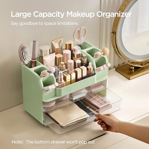 HBlife Makeup Organizer for Vanity with Brush Holder, Large Bathroom Countertop Cosmetic Organizer Skin Care Storage, Easy to Store Lipsticks, Nail Polishes, Perfumes, Eyeshadow Palettes, Green - color: Green