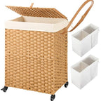 Greenstell Laundry Hamper with Wheels, No Install Needed, 90L Divided Handwoven Hampers & 2 Removable Liner Bags, Synthetic Rattan Clothes Laundry Basket with Lid & Handles, Foldable Hampers Natural - color: Natural, size: 90L: 18.3x13.5x26.4 Inches