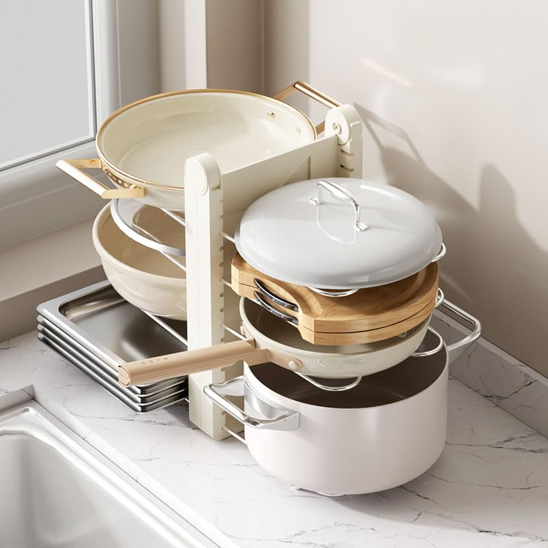 Foldable Pots and Pans Organizer Under Cabinet, 8 Adjustable Stainless Steel Dividers,28.5" L x 9.1" W x 9.9" H Expanded, Folds Flat, Heavy Duty Kitchen Cabinet Organizer with Lid Holder