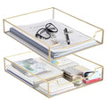 BTSKY 2 Pack Golden Glass Desk Tray, Multi-Purpose Organizer for A4 Paper, Documents, Desk Supplies, Makeup, Clear File Tray with Metal Frame, Stackable Decorative Storage for Home Office Vanity