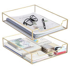 BTSKY 2 Pack Golden Glass Desk Tray, Multi-Purpose Organizer for A4 Paper, Documents, Desk Supplies, Makeup, Clear File Tray with Metal Frame, Stackable Decorative Storage for Home Office Vanity