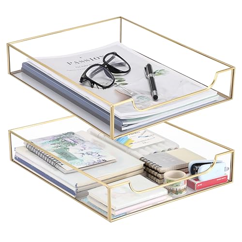 BTSKY 2 Pack Golden Glass Desk Tray, Multi-Purpose Organizer for A4 Paper, Documents, Desk Supplies, Makeup, Clear File Tray with Metal Frame, Stackable Decorative Storage for Home Office Vanity