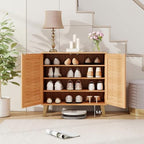 Giantex Shoe Cabinet with Doors, 4-Tier Farmhouse Shoe Rack Cabinet with 3 Adjustable Shelves, Freestanding Wood Shoe Storage Cabinet for Entryway, Closet, Hallway, Living Room