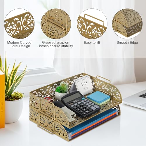 EasyPAG Paper Organizer for Desk 2 Tier Stackable Paper Tray for A4 Legal Size Folders Metal File Storage Desktop Organizer for Home Office School Teacher, Gold - color: Gold