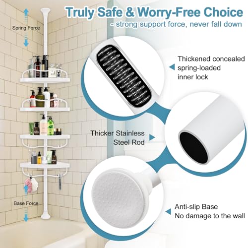 Corner Shower Caddy Tension Pole, Rustproof Bathtub Storage Organizer with 4 Adjustable Shelves, Bathroom Shower Rack Shampoo Holders for Inside Shower, 40"-120" Floor to Ceiling Shower Caddy White - color: White