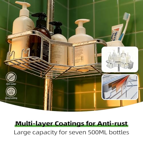 Corner Shower Caddy Tension Pole, 4 Tier Rust-Resistant Adjustable Bathroom Organizer Shelves, Bathtub Storage Rack with Soap Holder, No-Drill Install, Floor to Ceiling Rod 47-121 Inch, Silver - color: Silver
