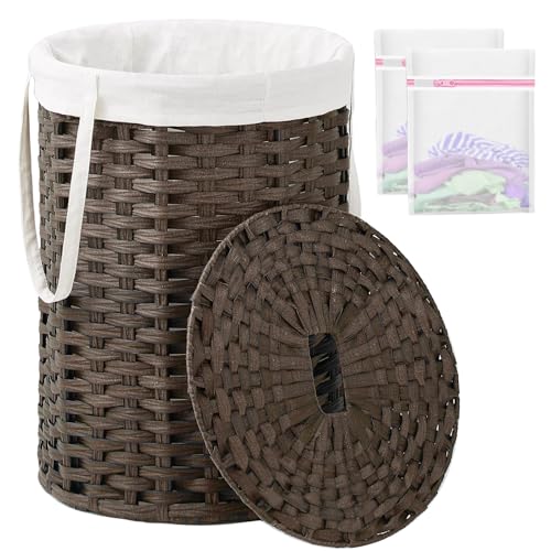 SETVSON Laundry Hamper with Lid, 19.0 Gal (72 L) Round Wicker Laundry Basket, Handwoven Rattan Basket with Lid, Removable Bag, 2 Mesh Bags, Handles for Living Room, Bathroom, Brown - color: Brown, size: 72L