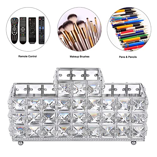Hipiwe Crystal Remote Control Holder Bling Makeup Brush Holder Organizer Desktop Cosmetics Brushes Storage Cup Pen Pencil Storage Pot Cup for Dresser Bathroom Office, 3 Slot - style: 3-Slot, Silver