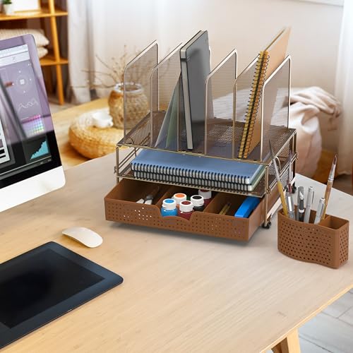 Simple Houseware Mesh Desk Organizer with Sliding Drawer, Double Tray and 5 Upright Sections, Copper - color: Copper