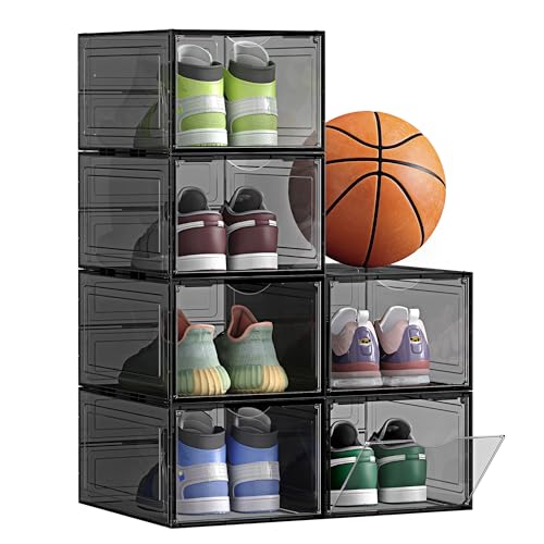 SONGMICS Shoe Boxes, Set of 6, Clear Plastic Shoe Storage, Stackable Sneaker Box, Drop Front Door, Up to US Size 11, Easy Assembly, 13 x 9.8 x 7.1 Inches, Transparent Black ULSP406B01V1 - color: Transparent Black, size: 6 Count