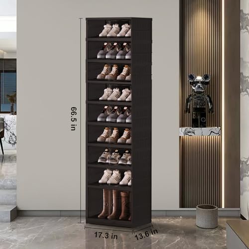 SYNCVIBE Shoe Rack Organizer for Closet Entryway Foldable Sneaker Storage Shoe, Collapsible Shoe Cabinet, Stackable Shoe Storage Cabinet with Lids for Living Room (9 Tiers -18 Pairs Black) - size: 9 Tiers -18 Pairs Black