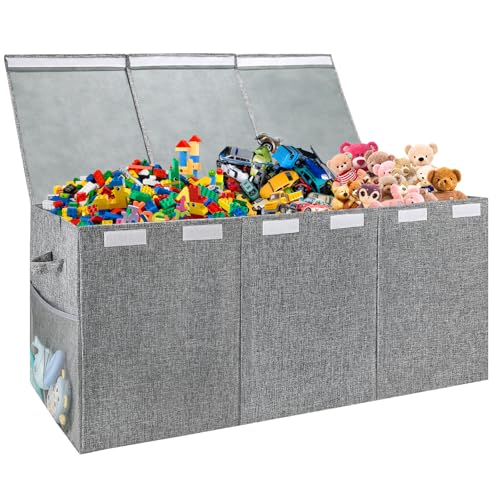 Extra Large Toy Storage Organizer with Lid, Large Toy Box Collapsible Toy Chest Storage Box Design - Toys Bin with Dividers for Kids, Nursery, Bedroom, Playroom-40 x16 x14'' - color: Grey