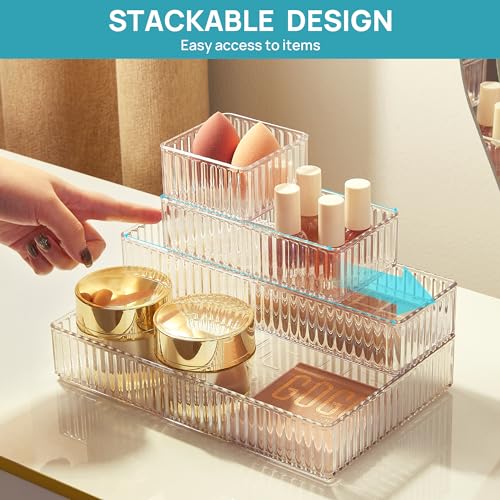 Vtopmart 7 PCS Clear Drawer Organizers Bins, 4-Size Stackable Makeup and Vanity Drawer Organizer Trays, Acrylic Bathroom Drawer Storage Containers for Cosmetic, Office Supply, Kitchen Utensils Gadgets
