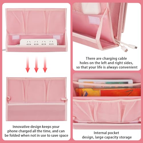 Bedside Caddy Bedside Storage Organizer Bedside Organizer with Power Strip Holder and 2 Adjustable Straps for Home Bunk Bed Dorm Sofa (Pink) - color: Pink