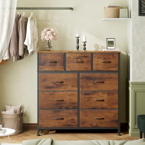 OLIXIS Dresser for Bedroom, 9 Storage Drawers, Wide Fabric Closet Chests Organizer Tower Furniture, TV Stand with Wooden Top Metal Frame for Clothes, Living Room, Hallway, Entryway, Rustic Brown - color: Rustic Brown, size: 39.4"D x 11.8"W x 39.9"H (9 Dra
