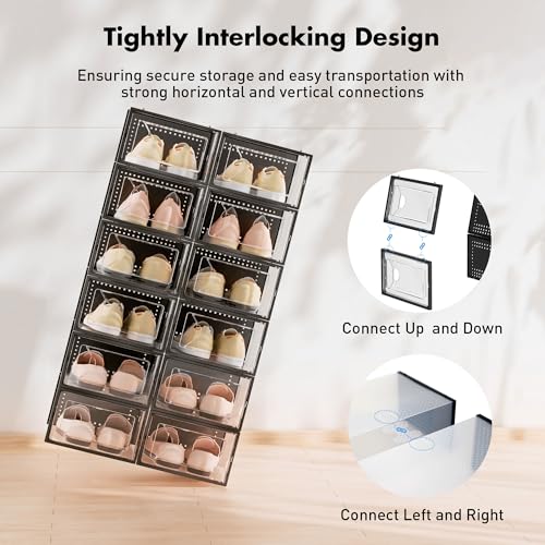 Foluck Shoe Storage Box, 15 Pack Clear Plastic Stackable Shoe Organizer for Closet, Interlocking Design for Sneakers, Foldable Shoes Container Rack with Lids, Black - color: Black
