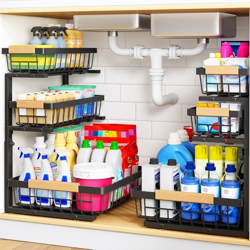 PXRACK Under Sink Organizer, 3-Tier 2-Pack Adjustable Height Pull Out Under Cabinet Organizer, Slide Out Thickened Metal Under Sink Storage for Kitchen Bathroom Laundry Pantry Organization, Black - color: Black