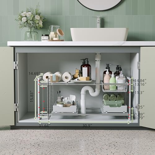 NETEL Under Sink Organizers and Storage,Kitchen Cabinet Organizer,2 Tier Under Sink Expandable Shelves，Bathroom Cabinet Organizer with Pull Out Drawers,(30.9-31.64)" W x 14.69" D x 15.83" H,White - size: Multi-functional with 2 pull out baskets(White)