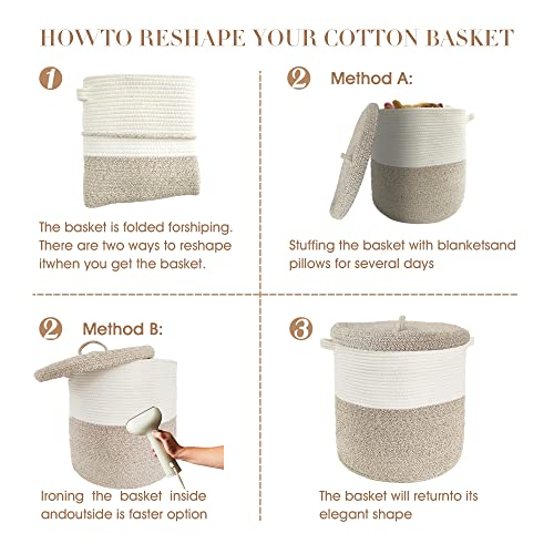 Large Storage Basket with Lid 60L, 16"Wx18"H Woven Laundry Hamper Basket with Handle, Room Decor Cotton Rope Wicker Basket Toy Organizer Bins for Clothes Blankets Pillows, Beige/White Mix includes Lid - color: Beige/White Mix-16"Wx18"H