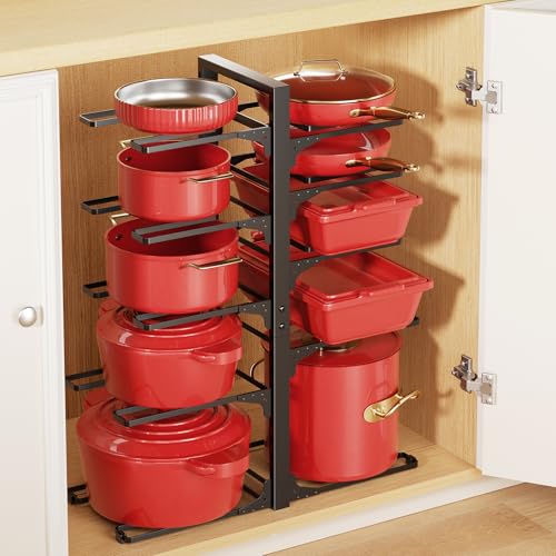 LAMU 10-Tier Pots and Pans Organizer under Cabinet, 23.62" Height Heavy Duty Pots Pans Organizer Rack for inside Cabinet Adjustable for Big Stockpots, Dutch Oven, Cast-iron Pans, Heavy Cookware - color: Black, size: XXL-10Tier-23.6“H