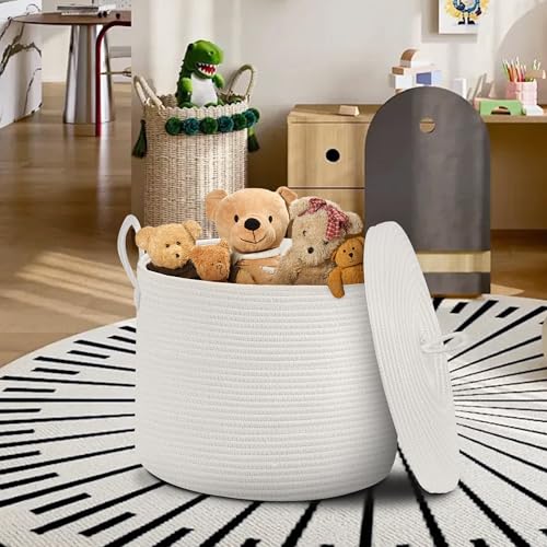 18" X 18" X 14" Extra Large White Basket with Lid, Woven Cotton Rope Basket for Blankets for Living Room, Kids Toy Storage Bin, Wicker Bathroom Towel Storage, All White Bins for Organizing - color: Full White