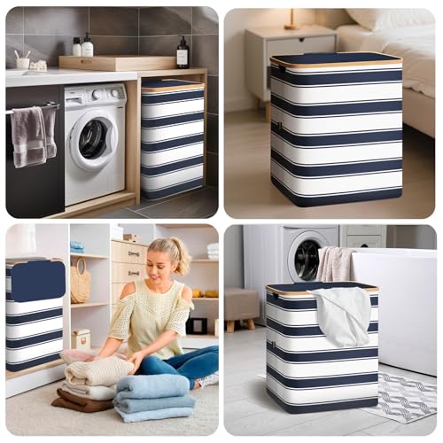 BALEINE Laundry Hamper with Lid, Tall Laundry Baskets with Bamboo Pull Handles, Large Laundry Bin with Internal Support (18 Gal/70L, Blue Stripe) - color: Blue Stripe, size: 70 liters