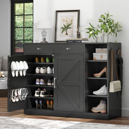 Loomie 5-Tier Shoe Cabinet with 4 Side Cubbies, Farmhouse Shoe Rack Cabinet with 6 Adjustable Shelves & 2 Drawers, Freestanding Shoe Storage Cabinet with 4 Brackets & 2 Hooks for Entryway (Black) - color: Black