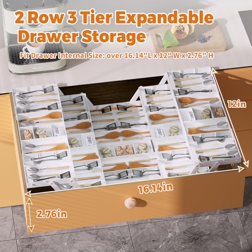 3 Tier Drawer Organizer - Expandable Junk Drawer Organizer Smart Office Supply Organizer, Folding Kitchen Tool Storage Multi Level Desk Organizer for Makeup, Jewelry Storage(2 Row 3 Tier, White) - color: White, size: 2 Row 3 Tier