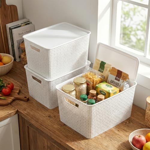 BINO | Plastic Storage Baskets with Lids, 22 Liter - 3 Pack, White | THE WOVEN COLLECTION | Storage Basket for Shelves | Woven Storage Baskets for Organizing Bins Pantry Shelf Organizer Container Bin - color: White, size: 22L | 3-Pack