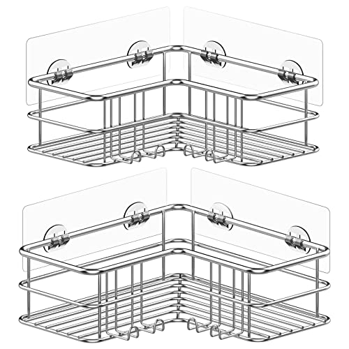 Menbyci 2 Pack Corner Shower Caddy, Adhesive Bathroom Shelf with 8 Hooks, Rustproof Stainless Steel Bathroom Organizer, No Drilling Shower Shelves Basket Wall Storage Rack Shampoo Holder (Silver) - color: Silver, size: 2 packs