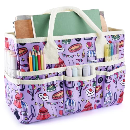 E-WEICHEN Craft Organizer Tote Bag Art Storage Caddy with Multiple Pockets Containers for Art,Craft,and Office Supplies Storage.Purple Circus - color: Purple Circus