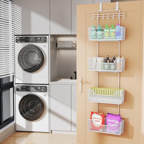 HapiRm Over Door Organizer Storage - Hanging Door Organizer with 4 Metal Large Capacity Baskets and Adjustable Coat Hook for Bathroom Bedroom Kitchen Pantry Closet Cabinet - color: White